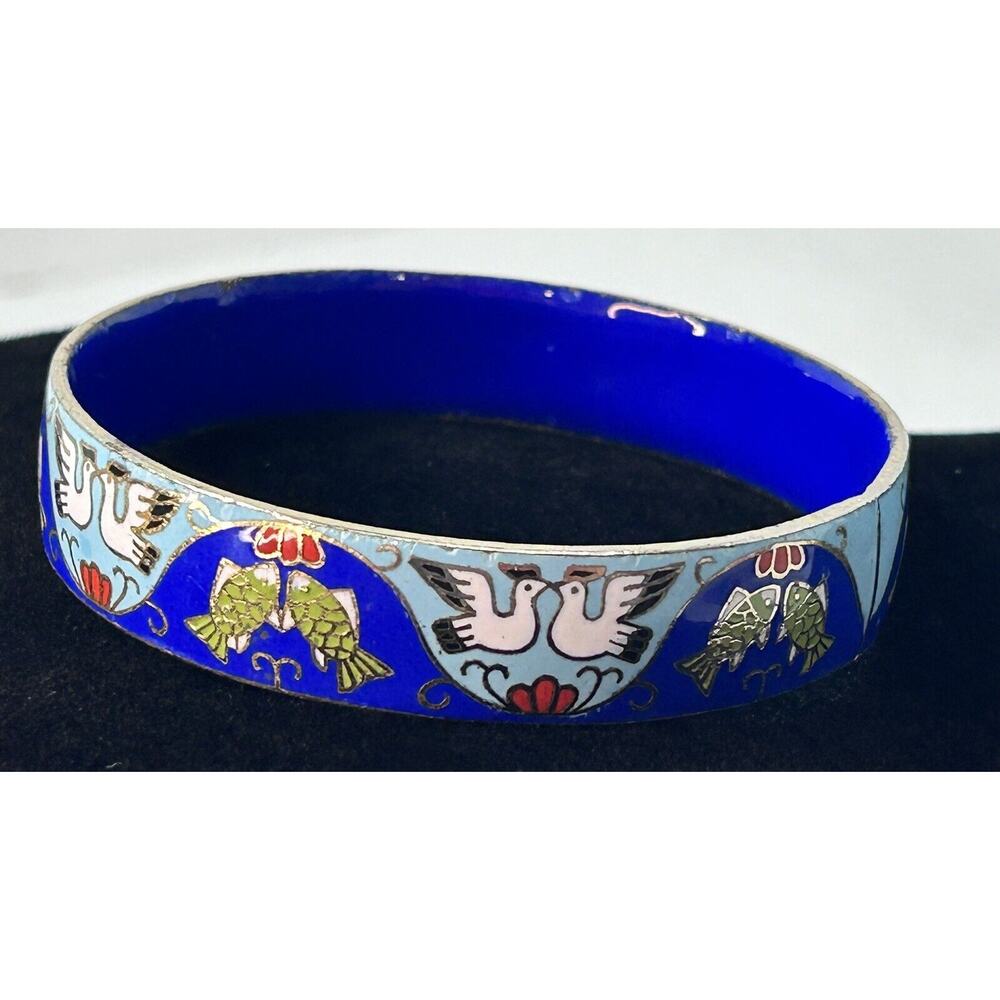 Beautiful‎ Vintage Chinese Enamel Bangle Brass Hand Painted Doves And Fish